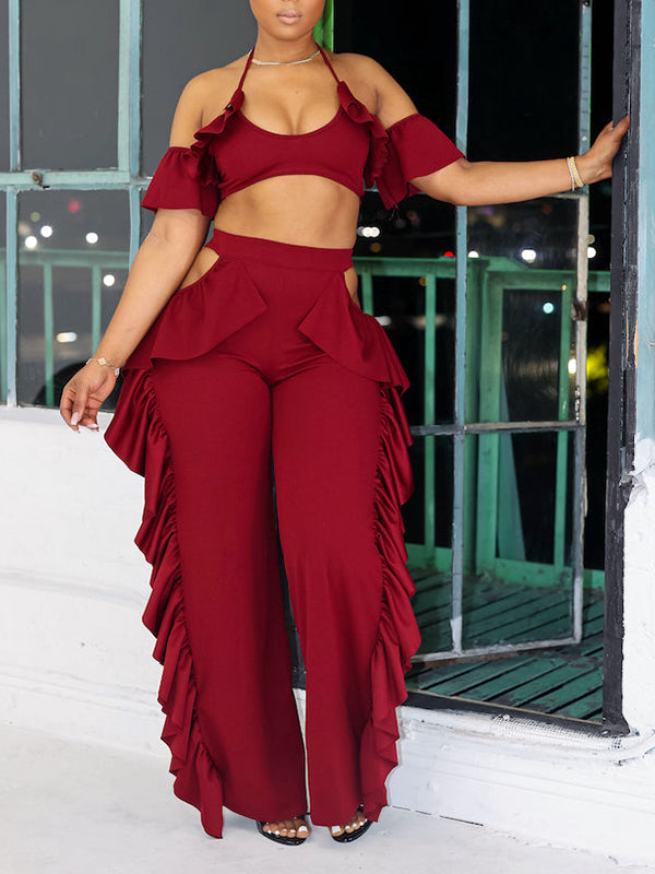 Ruffle Halter Top & Cutout Pants Set