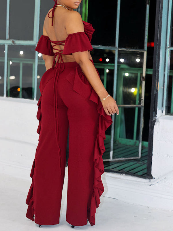 Ruffle Halter Top & Cutout Pants Set