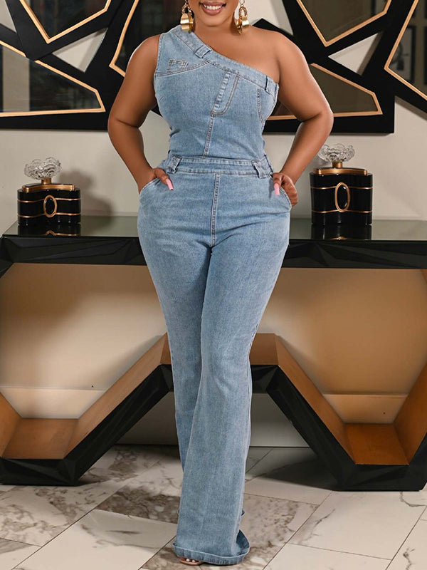 One-Shoulder Denim Jumpsuit