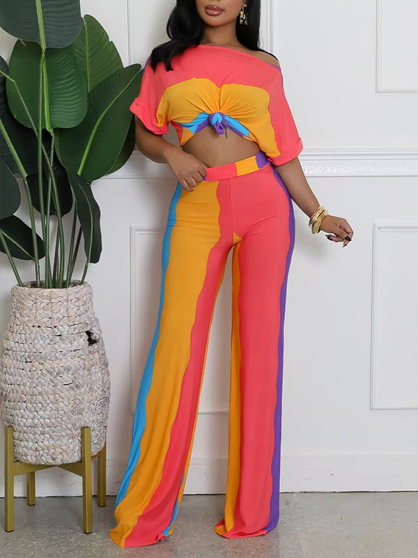 Colorblock Boat-Neck Top & Pants Set