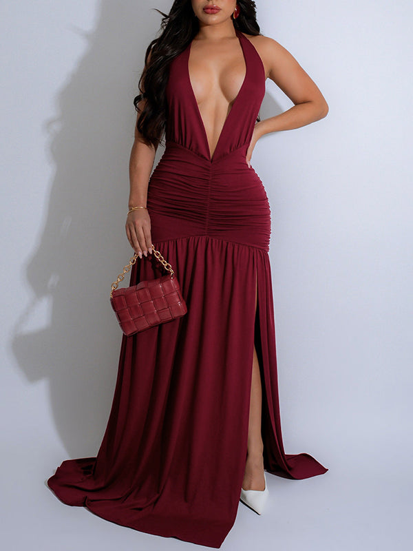 Solid Plunge Slit Maxi Dress