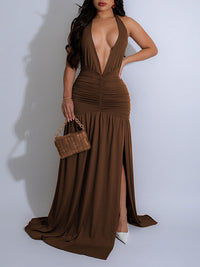 Solid Plunge Slit Maxi Dress