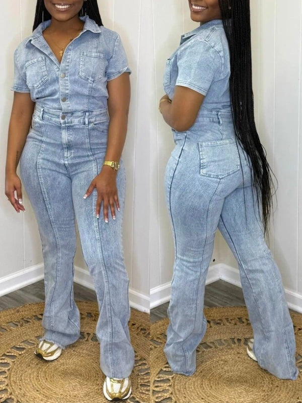 Button-Front Denim Jumpsuit