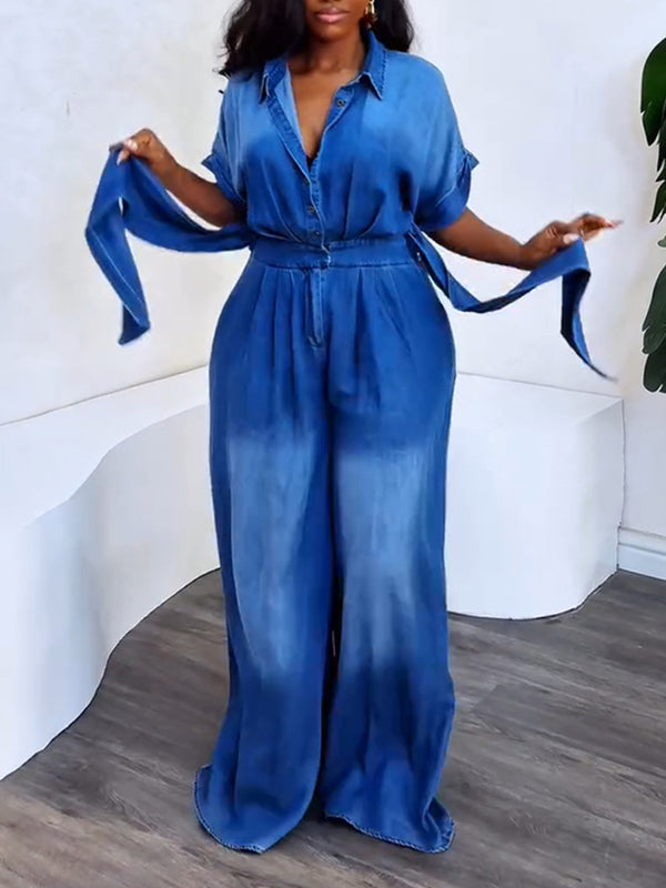 Button-Front Tied Denim Jumpsuit