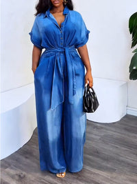 Button-Front Tied Denim Jumpsuit