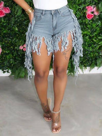 Fringe Combo Denim Shorts--Clearance