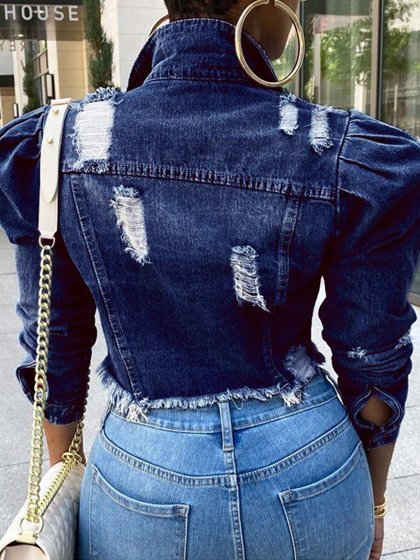 Distressed puff shoulder denim jacket on sale