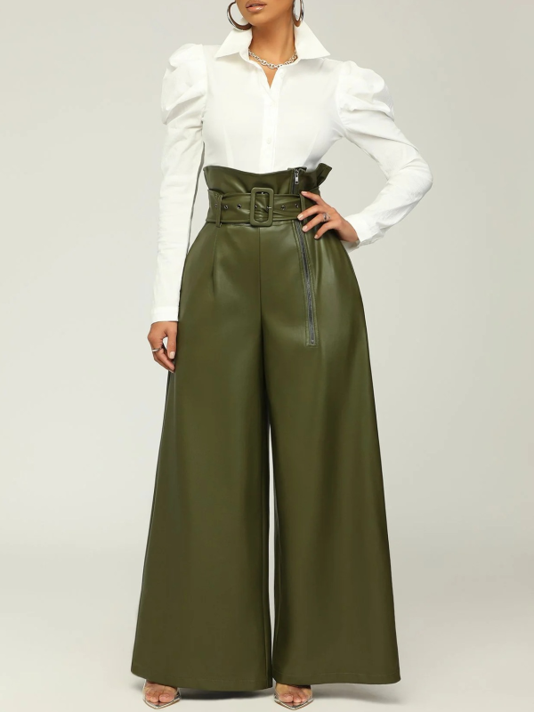 Faux-Leather Wide-Leg Belted Pants