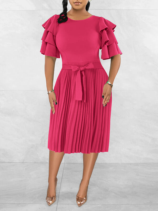 Ruffle-Sleeve Pleated Dress