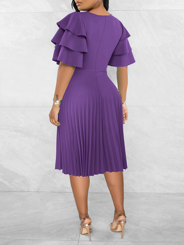 Ruffle-Sleeve Pleated Dress