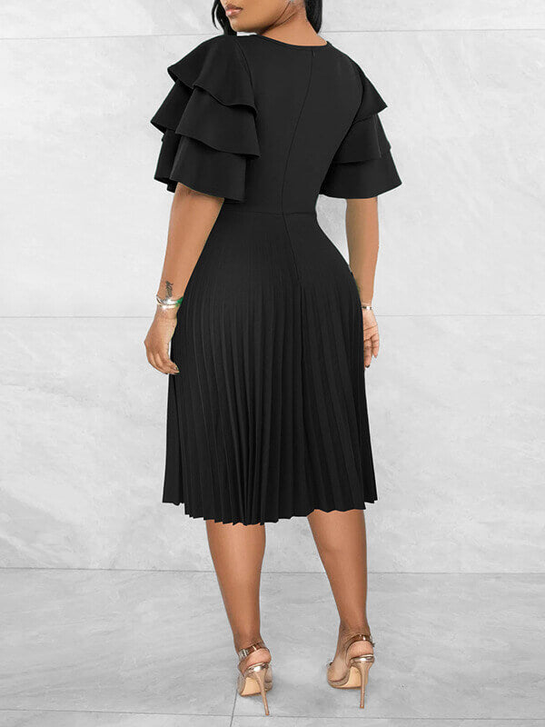 Ruffle-Sleeve Pleated Dress